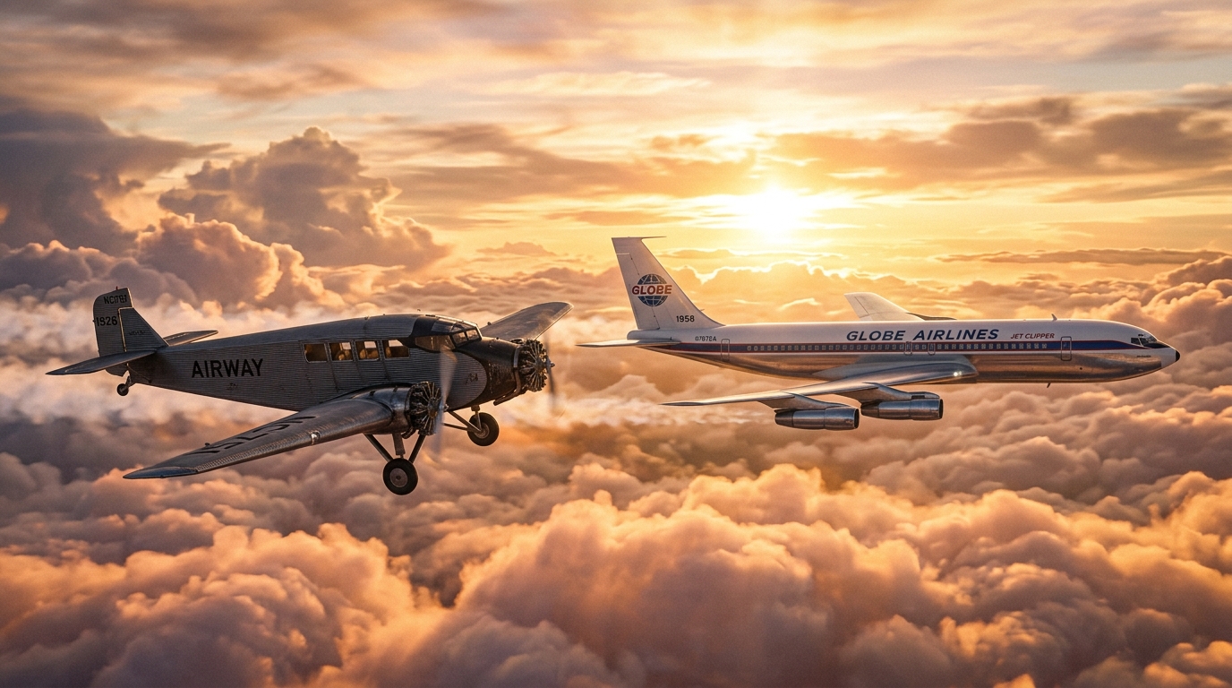 1920 Propliner next to Vintage Jetliner at Sunset